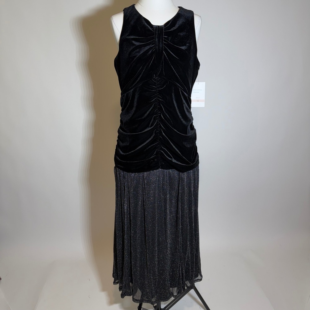 NWT Maison Tara Black Lux Velvet Bodice Metallic Skirt Midi Dress Womens Size 12